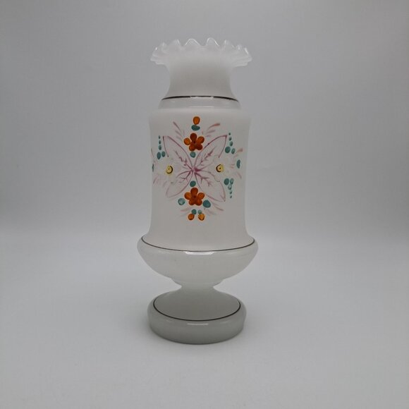 Vintage Hand-Painted Bristol Glass Vase With Ruffled Top & Floral Design - Picture 1 of 12